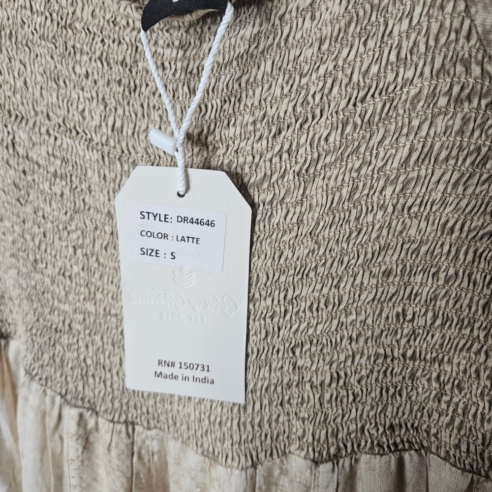 Young Threads Latte Cotton Boho Smocked Patchwork Neutral Flowy Maxi Dress NWT S - Picture 4 of 6